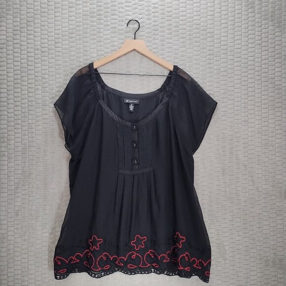 INC International Concepts Black Blouse with Red Embroidery - Picture 1 of 11